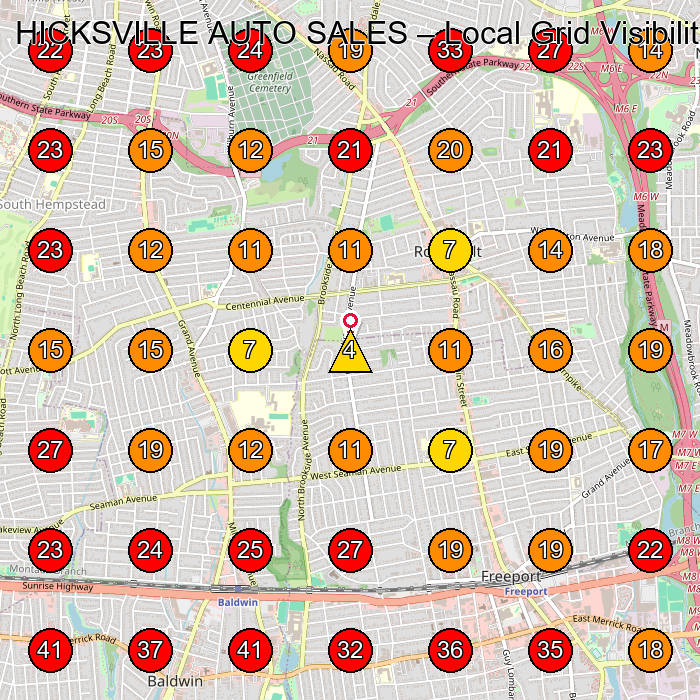 HICKSVILLE AUTO SALES GeoGrid visibility map for Used Car Dealer in Uniondale